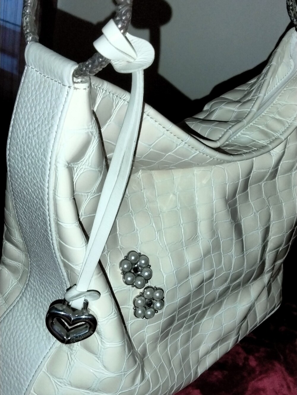 Brighton Elegant Cream Croc-Embossed Shoulder Bag with Heart Charm